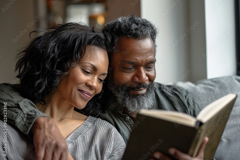 Portrait of a tender mixed race couple in their 40s reading a book together Portrait of a tender mixed race couple in their 40s reading a book together
