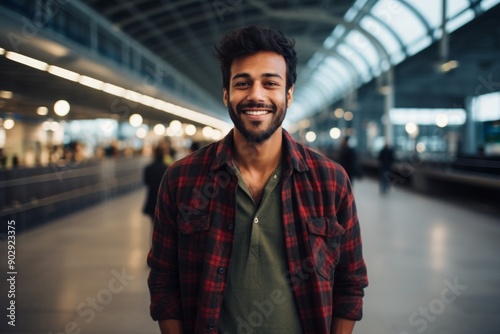 Portrait of a blissful indian man in his 20s wearing a comfy flannel shirt isolated in bustling airport terminal