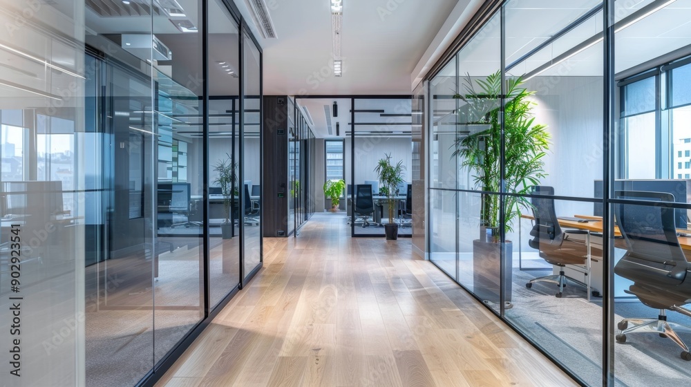 Modern Office Corridor with Glass Walls and Wooden Floor. Modern Office Corridor with Glass Walls and Wooden Floor.
