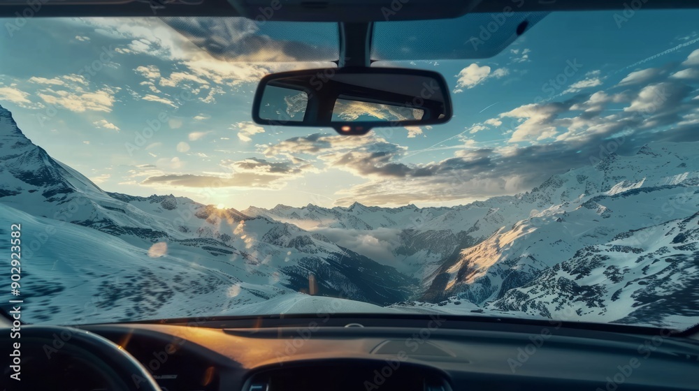 Obraz premium Breathtaking SnowCapped Mountain View Through Car Windshield at Sunset Scenic Winter Road Trip Adventure
