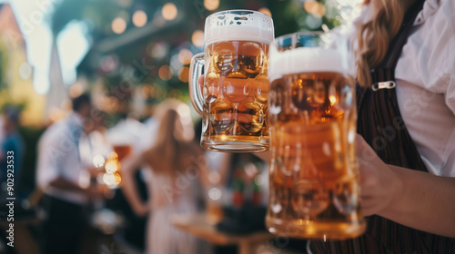 Wallpaper Mural copy space, stockphoto, Oktoberfest Tradition. attractive Waitress wearing traditional clothes and holding beers at the festival. Close-up of hands with beer glasses. Attractive young waitress with di Torontodigital.ca