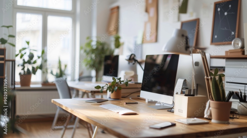 Modern Home Office Desk with Plants and Sunlight. Modern Home Office Desk with Plants and Sunlight.