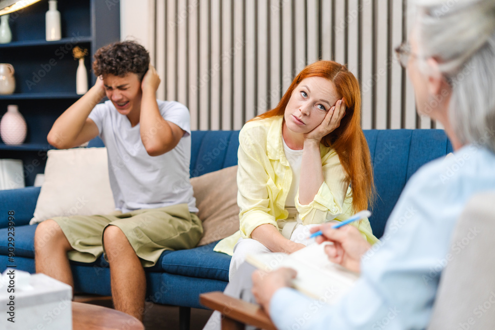 Obraz premium Family having psychotherapy session with psychologist at home