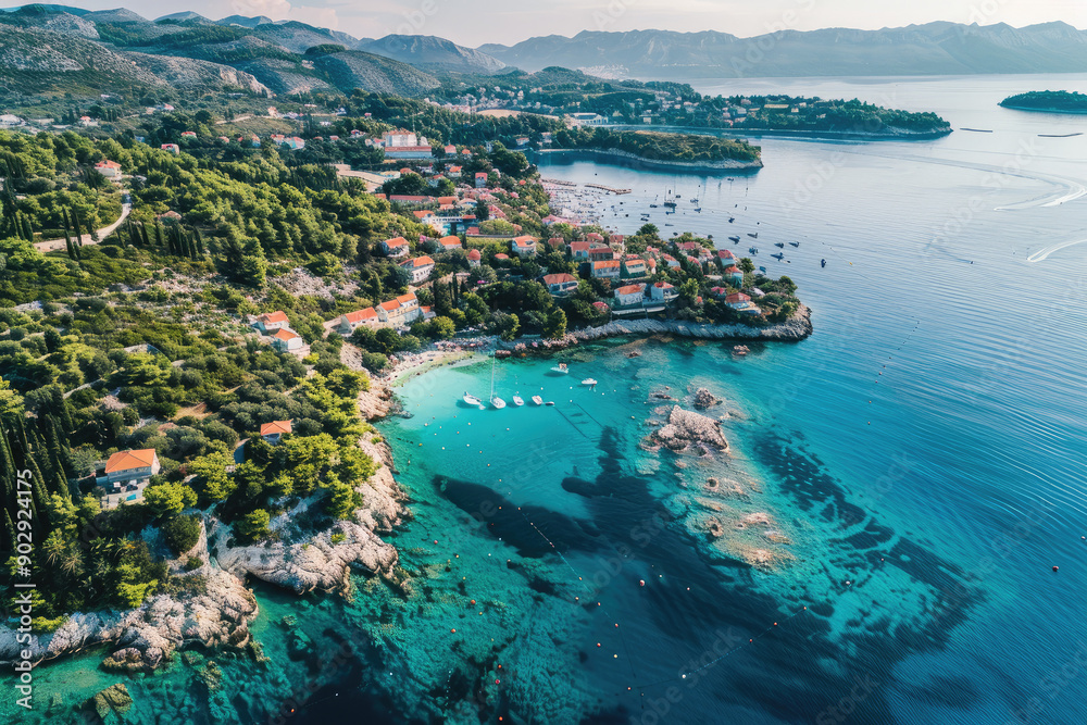 Obraz premium Aerial view of Croatian coastline with foamy patches
