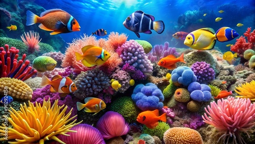 Fototapeta Naklejka Na Ścianę i Meble -  Nimo's Coral Reef Adventure: A Vibrant Underwater World  generative AI