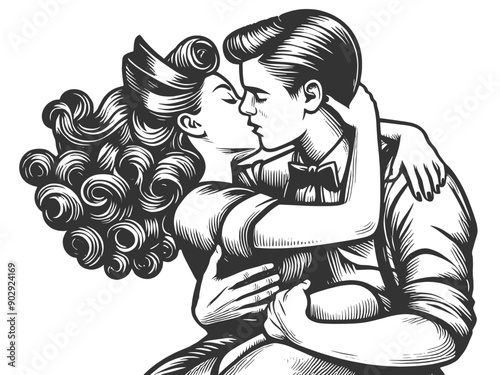 couple passionately kissing, capturing timeless romance and affection sketch engraving generative ai fictional character vector illustration. Scratch board imitation. Black and white image.