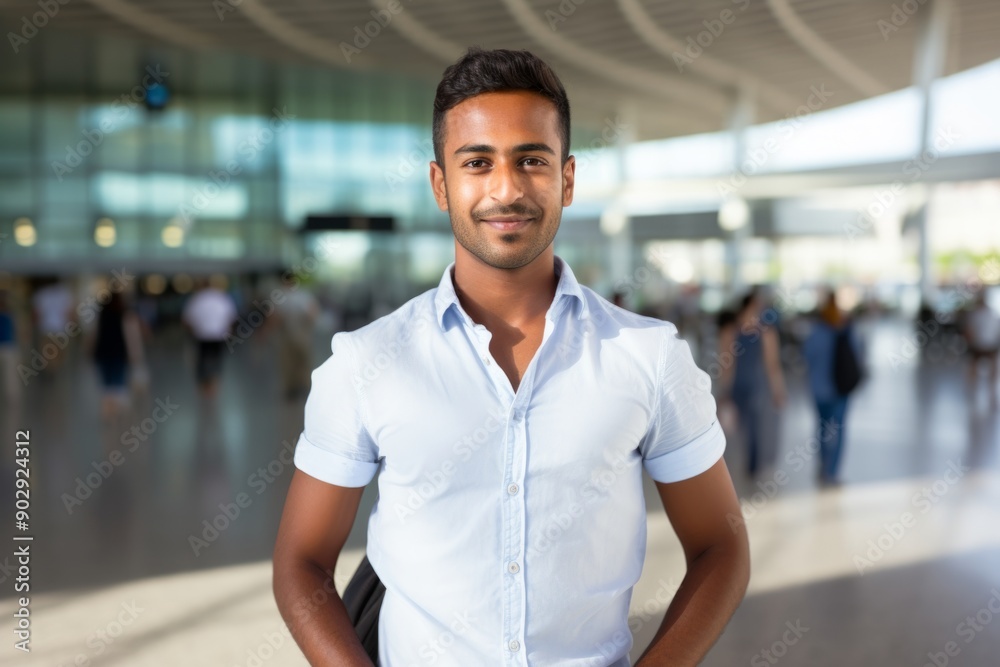 Portrait of a content indian man in his 20s donning a classy polo shirt in front of bustling airport terminal background Portrait of a content indian man in his 20s donning a classy polo shirt in front of bustling airport terminal background
