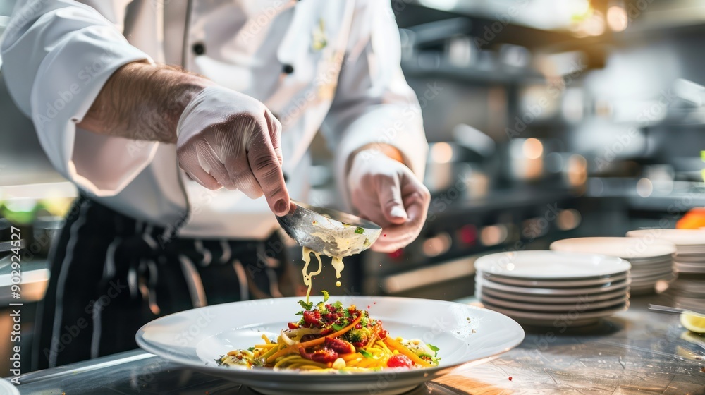 A chef preparing a dish in a restaurant kitchen A chef preparing a dish in a restaurant kitchen