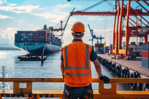 Worker in orange vest watching cargo ships at sunny port