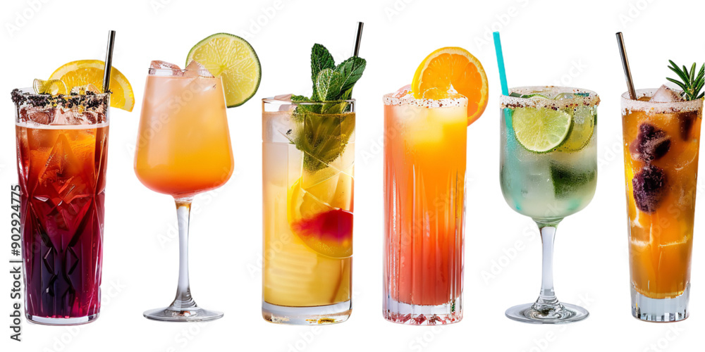 A tight shot of a variety of cocktail flavors displayed in different glasses against a clear transparent background, suitable for banners or posters, Generative AI. A tight shot of a variety of cocktail flavors displayed in different glasses against a clear transparent background, suitable for banners or posters, Generative AI.