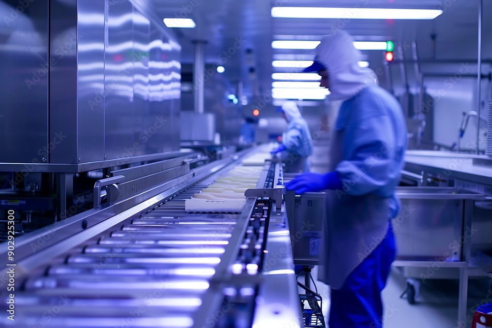 Obraz premium Industrial worker operating a conveyor belt system in a cleanroom environment.
