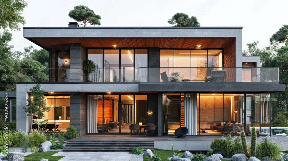 Modern House Design Surrounded by Lush Greenery at Dusk With Elegant Outdoor Spaces Modern House Design Surrounded by Lush Greenery at Dusk With Elegant Outdoor Spaces
