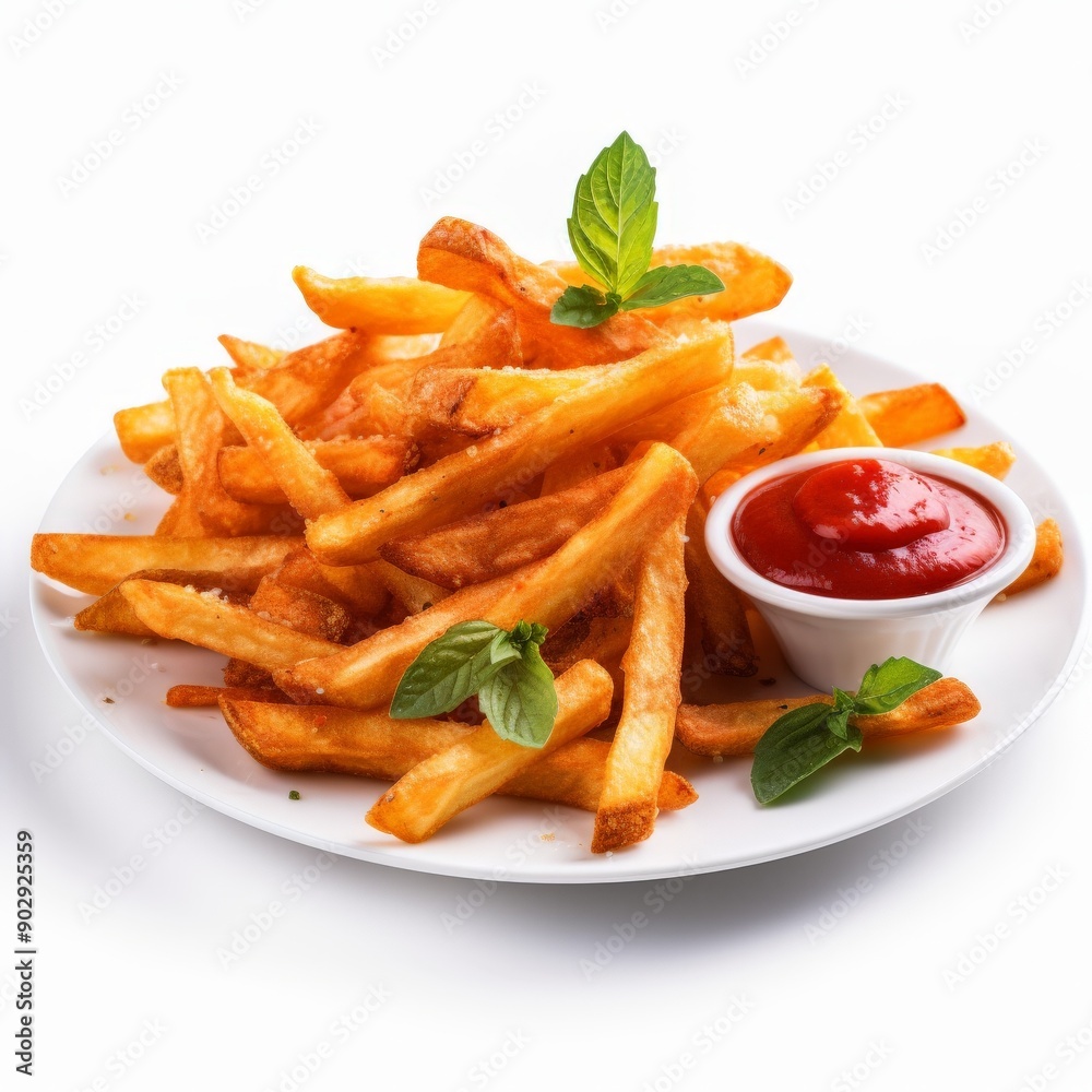 Crispy golden French fries with ketchup on a white plate Crispy golden French fries with ketchup on a white plate
