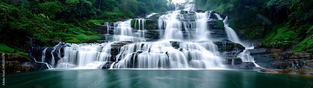 Semi close-up of a picturesque waterfall in the midst of a dense forest, more clarity with clear light and sharp focus, high detailed Semi close-up of a picturesque waterfall in the midst of a dense forest, more clarity with clear light and sharp focus, high detailed