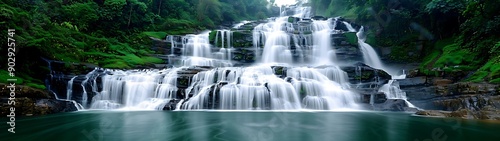 Semi close-up of a picturesque waterfall in the midst of a dense forest, more clarity with clear light and sharp focus, high detailed