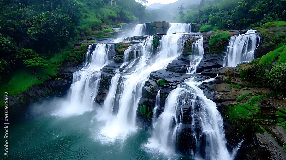 Obraz premium Close-up of a scenic waterfall with mist creating a mystical atmosphere, more clarity with clear light and sharp focus, high detailed