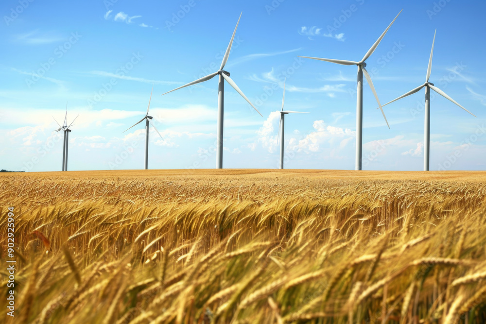 Fototapeta premium Wind Turbines Standing Tall in a Field of Golden Wheat