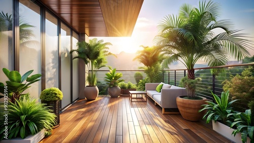 Tranquil Oasis: A Modern Balcony Bathed in Sunlight AI Generated