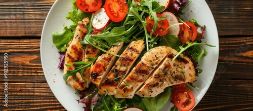 Top view of a fresh salad with chicken breast perfect for a copy space image photo