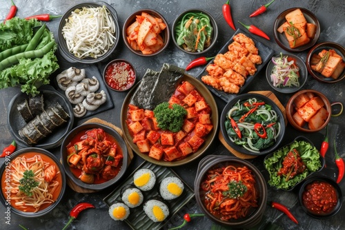 spread of traditional Korean food with kimchi as a central element