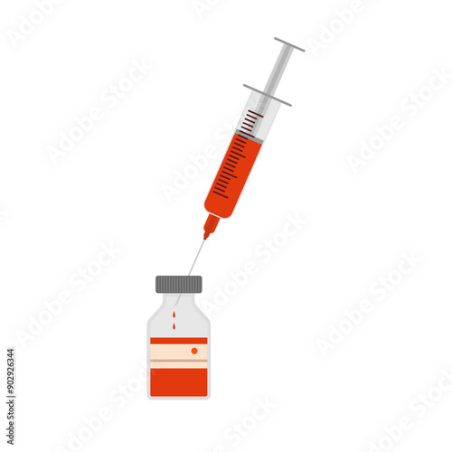 syringe with vaccine bottle flat design vector illustration isolated on white background. Medical And Healthcare Icon In Flat Design Style. Syringe and medicine bottle