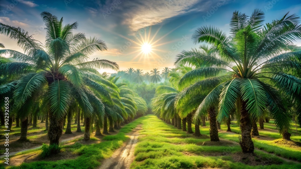 Sun-Drenched Rows of Emerald Green: An Impressionist Oil Palm Plantation AI generated Sun-Drenched Rows of Emerald Green: An Impressionist Oil Palm Plantation AI generated