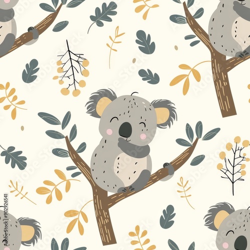 Cute and colorful seamless pattern with cartoon koalas on a tree branch with leaves and flowers in a simple handdrawn style photo