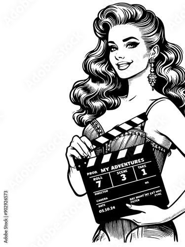 actress holding a clapperboard, capturing the glamour and charm sketch engraving generative ai fictional character vector illustration. Scratch board imitation. Black and white image.