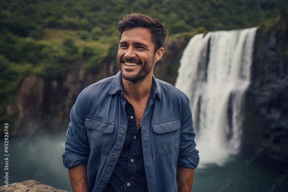 Portrait of a happy man in his 30s sporting a versatile denim shirt isolated on backdrop of a spectacular waterfall Portrait of a happy man in his 30s sporting a versatile denim shirt isolated on backdrop of a spectacular waterfall