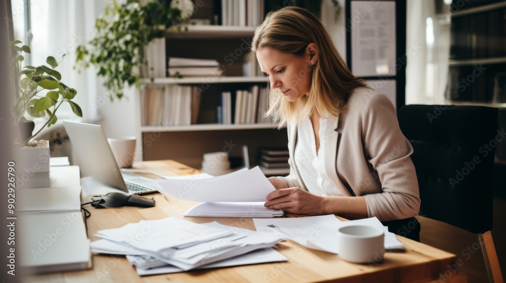 Woman working with documents business outfit Woman working with documents business outfit