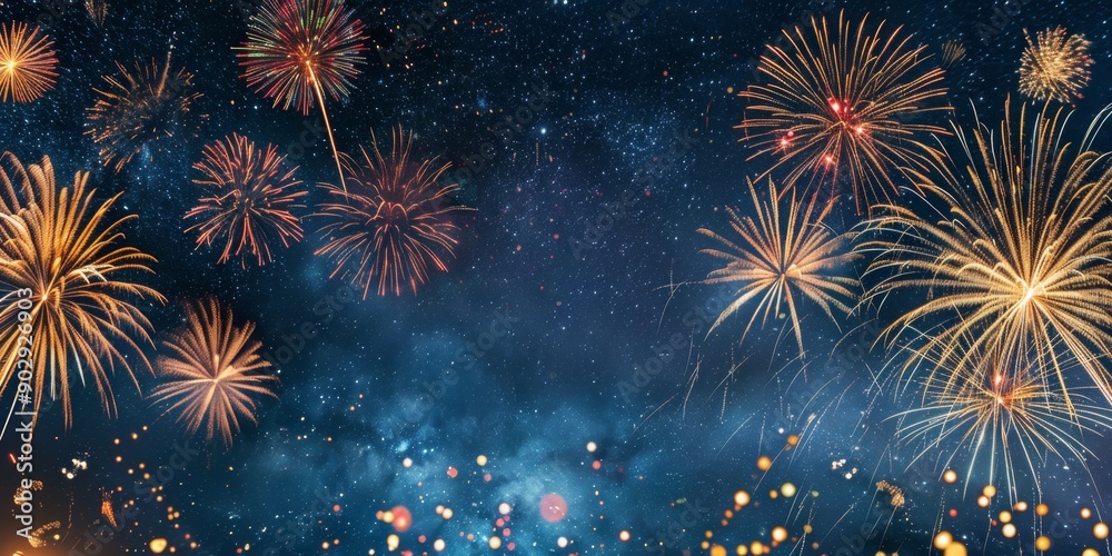 Fototapeta premium : Vibrant New Year's Eve 2025 Celebration Panorama: Dazzling Fireworks Display Against Rustic Deep Blue Night Sky. Creative Festive Banner for Web Design, Wallpapers, and High-Resolution Backgrounds.