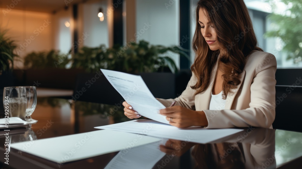 Woman working with documents business outfit Woman working with documents business outfit