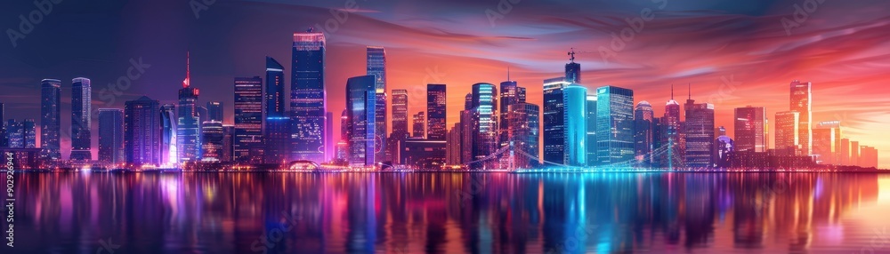 Fototapeta premium A city skyline with a blue sky and clouds. The buildings are tall and the sky is clear