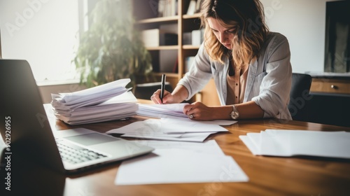 Woman working with documents business outfit 