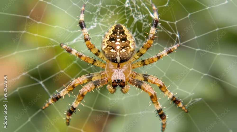 A vibrant spider skillfully constructs its elaborate web amidst foliage in a tranquil garden under the warm afternoon sun A vibrant spider skillfully constructs its elaborate web amidst foliage in a tranquil garden under the warm afternoon sun