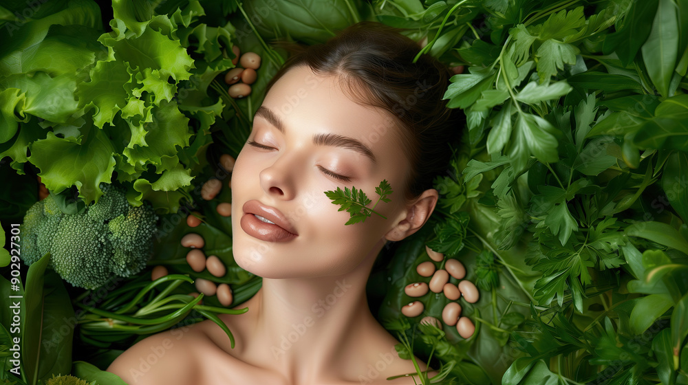 Elegant 3D Visualization of Glowing Skin Featuring Vitamin B9 Extract Surrounded by Fresh Leafy Greens and Legumes in Opulent Setting for Health Ads Elegant 3D Visualization of Glowing Skin Featuring Vitamin B9 Extract Surrounded by Fresh Leafy Greens and Legumes in Opulent Setting for Health Ads