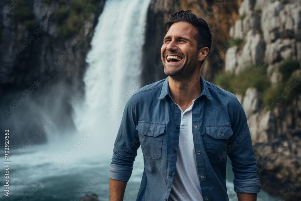 Portrait of a happy man in his 30s sporting a versatile denim shirt in front of backdrop of a spectacular waterfall Portrait of a happy man in his 30s sporting a versatile denim shirt in front of backdrop of a spectacular waterfall