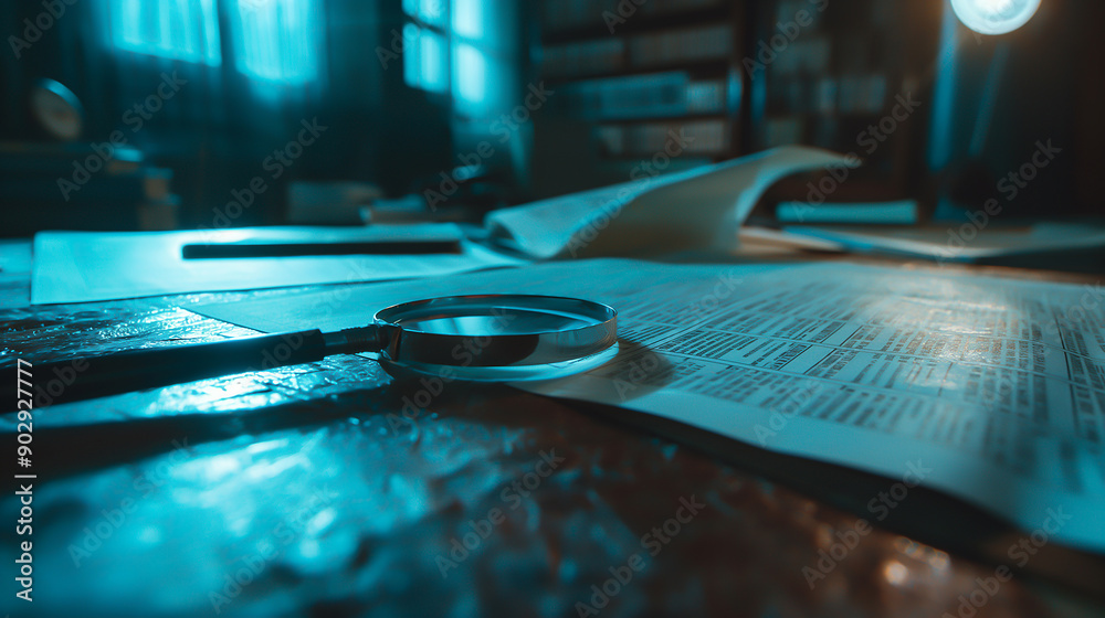A dark and gothic interpretation of a financial analysis, with a magnifying glass focusing on eerie, shadowy financial documents in a dimly lit room A dark and gothic interpretation of a financial analysis, with a magnifying glass focusing on eerie, shadowy financial documents in a dimly lit room
