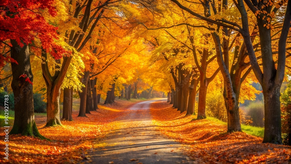 Fototapeta premium Golden Path Through Crimson Canopy Generative AI