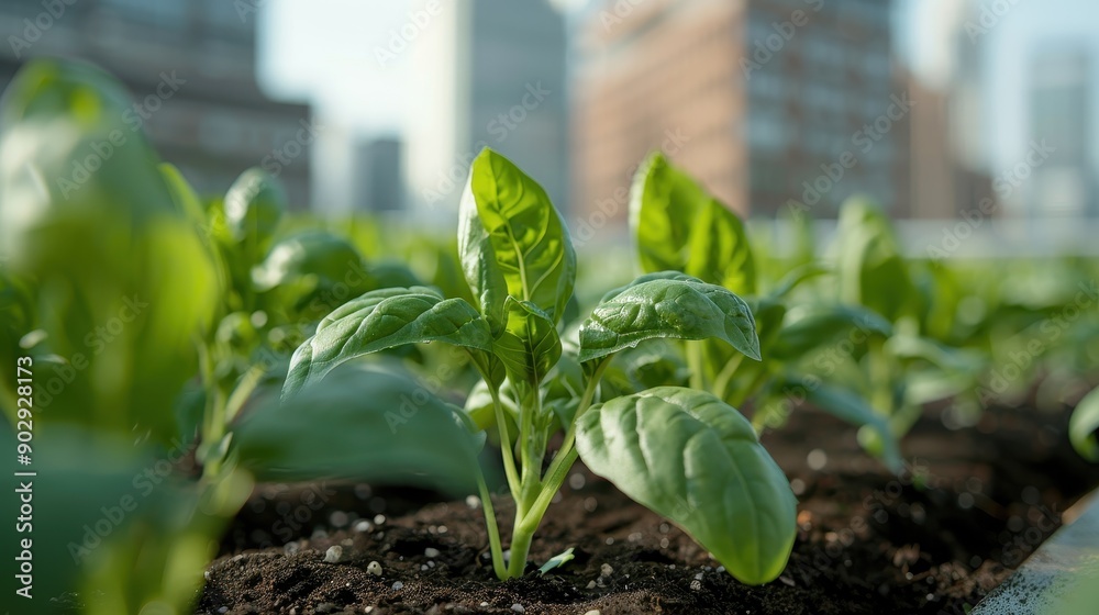 An urban rooftop garden filled with lush green leafy plants growing, contrasting against the backdrop of city buildings, representing modern green living and sustainability.
