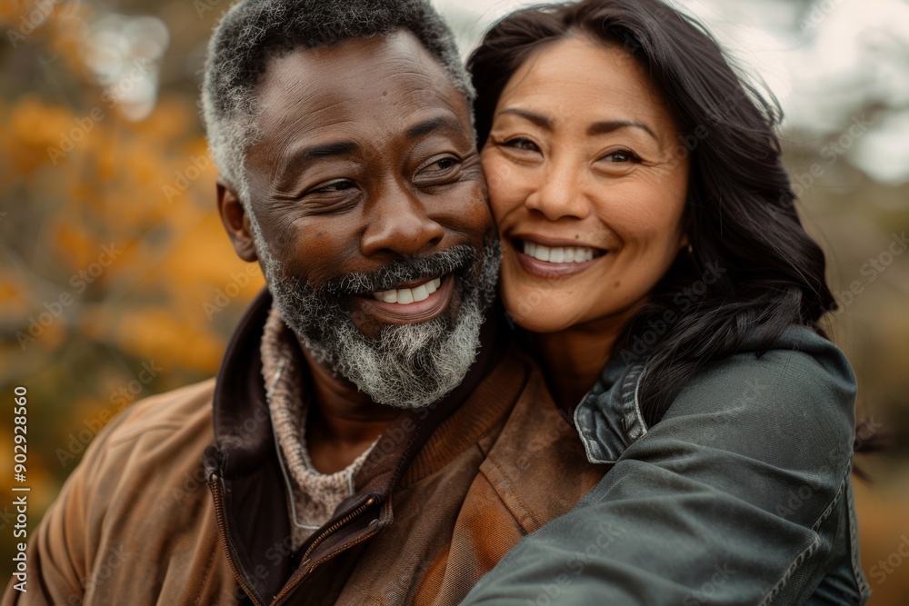 Portrait of a joyful mixed race couple in their 40s having a romantic date Portrait of a joyful mixed race couple in their 40s having a romantic date