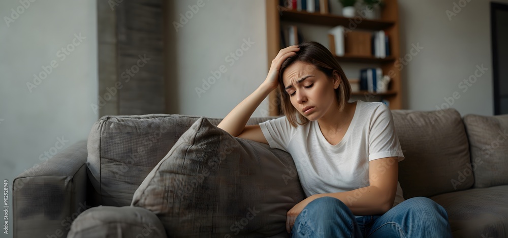 Obraz premium Woman feels dizzy and sits down on the couch, blank advertisement banner background with copy space