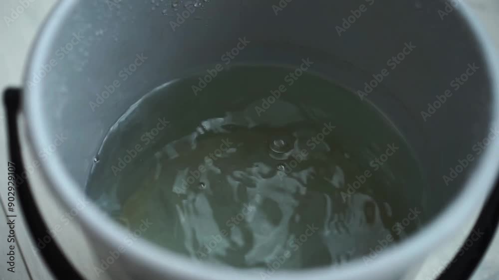 The roof of the apartment is leaking.
A bowl and a bucket are placed on the floor so that water can flow into it.
The ceiling is leaking.
Flood in the apartment