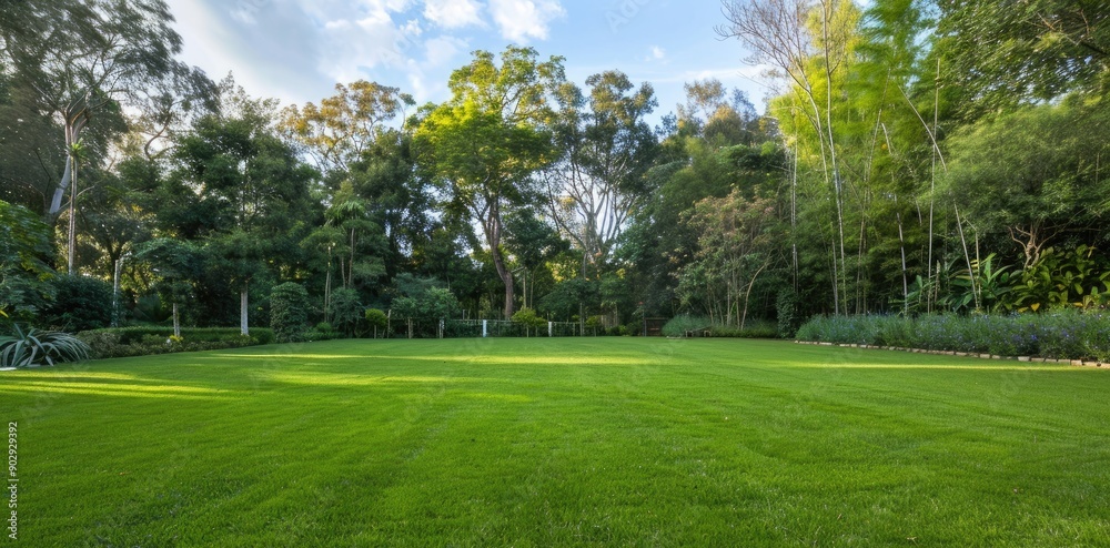 A vibrant green lawn stretches under a clear blue sky adorned with fluffy white clouds, showcasing neatly mowed grass and trees lining the landscape A vibrant green lawn stretches under a clear blue sky adorned with fluffy white clouds, showcasing neatly mowed grass and trees lining the landscape