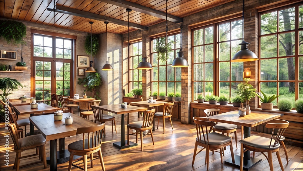 Sunlit Rustic Haven: A Cozy Caf? with Warm Wooden Accents and Abundant Natural Light AI Generated Sunlit Rustic Haven: A Cozy Caf? with Warm Wooden Accents and Abundant Natural Light AI Generated