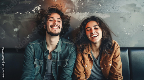 Happy pair sitting side by side photo