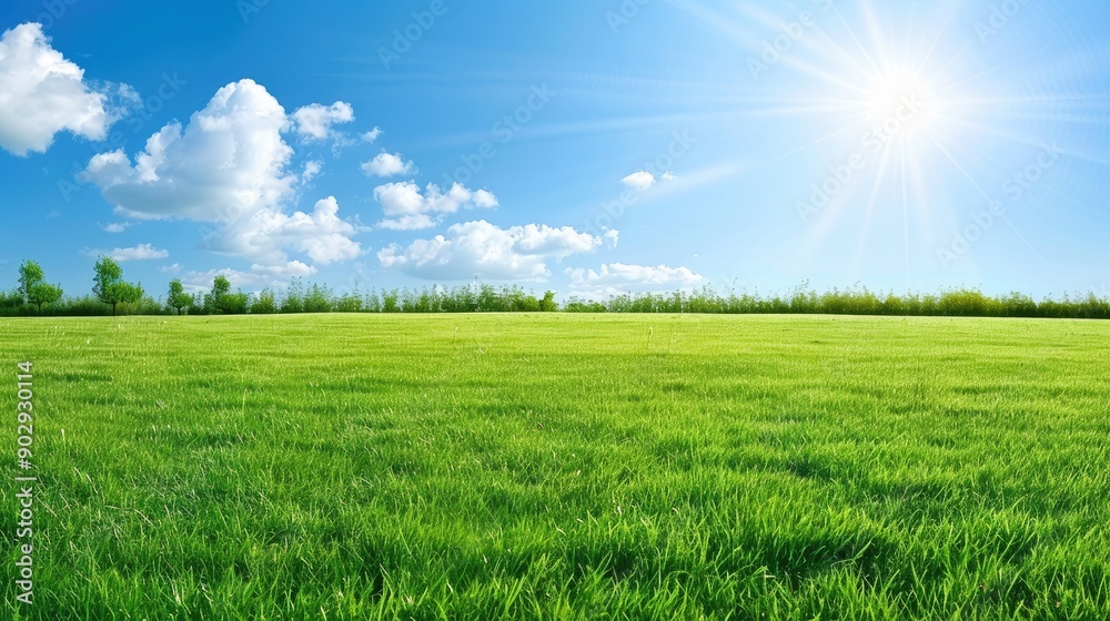 Obraz premium A vibrant green lawn stretches under a clear blue sky adorned with fluffy white clouds, showcasing neatly mowed grass and trees lining the landscape