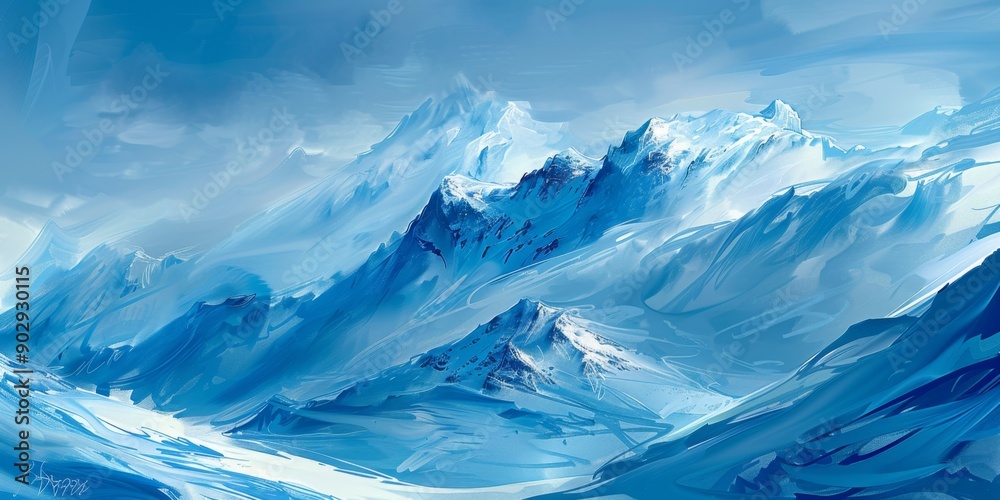 Obraz premium Serene Winter Landscape: Abstract Digital Painting of Snow-Capped Mountains in Ethereal Blue Tones. Panoramic Artistic Concept for Posters, Banners, and High-Resolution Wallpapers. Creative Marketing 