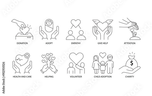 Adopt, Donation, Health and Care, Empathy, Charitable Giving, Child Welfare, Medical Support, Compassion, Community Aid, Social Good icon set.