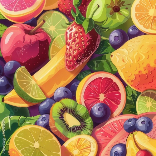 Colorful and Playful Fruits Cartoon Illustration. Whimsical and detailed fruit characters concept photo